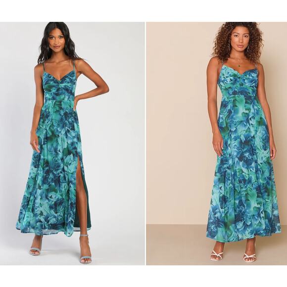 Lulus Beautiful Soul Maxi Dress Womens S Teal Floral Twist Front NEW Romantic - Picture 1 of 14